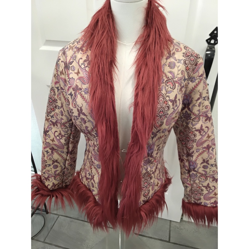 I.AM.GIA Paisley Faux Fur Trim Jacket Burgundy Purple Boho Sherpa Lined Womens-S